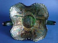 Fenton Green Carnival Glass 'Lotus and Grape' Two Handled Bonbon Dish