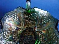 Fenton Green Carnival Glass 'Lotus and Grape' Two Handled Bonbon Dish