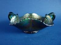 Fenton Green Carnival Glass 'Lotus and Grape' Two Handled Bonbon Dish