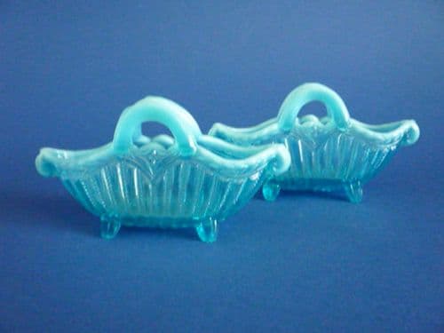 Fine Pair of Greener 'Royal Jubilee' Blue Opalescent Pearline Glass Posy Baskets c1890