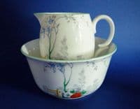 Fine Shelley 'Fence and Stream' Empire Shape Milk Jug and Sugar Bowl c1930