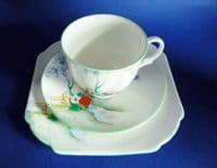 Fine Shelley 'Fence and Stream' Empire Shape Tea Cup, Saucer and Plate Trio c1930