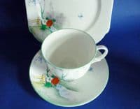 Fine Shelley 'Fence and Stream' Empire Shape Tea Cup, Saucer and Plate Trio c1930