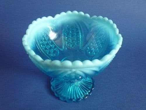 Greener Blue Opalescent Pearline Glass 'Beaded Button Arches' Bowl c1897 (Sold)