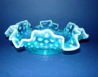 Greener Blue Opalescent Pearline Glass 'Hobnail' Ruffled Dish c1890