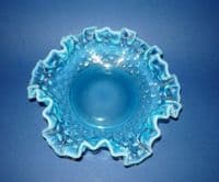 Greener Blue Opalescent Pearline Glass 'Hobnail' Ruffled Dish c1890