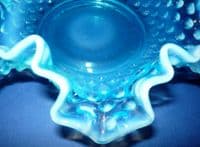 Greener Blue Opalescent Pearline Glass 'Hobnail' Ruffled Dish c1890