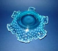 Greener Blue Opalescent Pearline Glass 'Hobnail' Ruffled Dish c1890