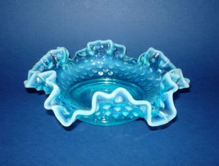 Greener Blue Opalescent Pearline Glass 'Hobnail' Ruffled Dish c1890