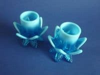 Greener Blue Pearline Glass 'Queen's' Candlesticks c1891 (Sold)