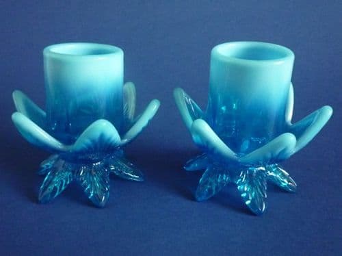 Greener Blue Pearline Glass 'Queen's' Candlesticks c1891 (Sold)