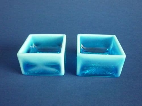Henry Greener Blue Pearline Glass Square Salts c1890