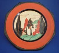 Large Clarice Cliff Fantasque Red 'Trees and House' Octagonal Plate c1930 (Sold)