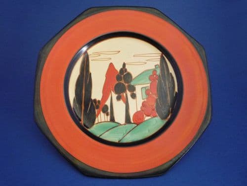 Large Clarice Cliff Fantasque Red 'Trees and House' Octagonal Plate c1930 (Sold)