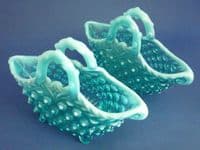Large Pair of Greener Blue Opalescent Pearline Glass 'Contessa' Baskets c1890