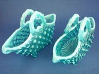Large Pair of Greener Blue Opalescent Pearline Glass 'Contessa' Baskets c1890
