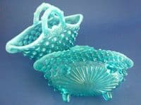 Large Pair of Greener Blue Opalescent Pearline Glass 'Contessa' Baskets c1890