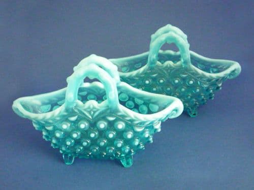 Large Pair of Greener Blue Opalescent Pearline Glass 'Contessa' Baskets c1890