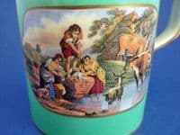 Large Turquoise Green Prattware Mug 'The Torrent' and 'The Travellers' Departure'  c1860