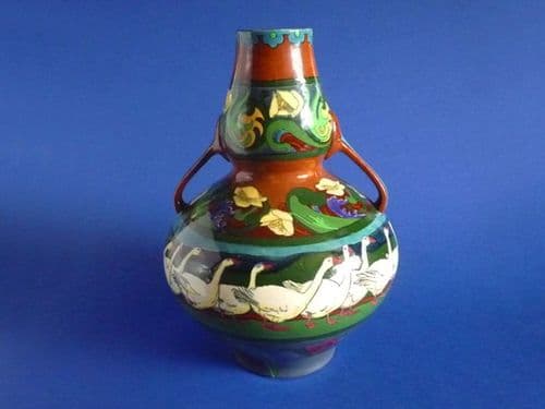 Large Wileman Intarsio 'Geese' Two Handled Vase by Frederick Rhead c1899