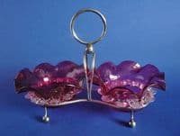 Lovely Pair of Victorian Cranberry Glass Bowls with Silver Plated Stand c1890
