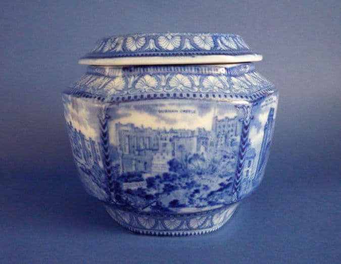 Maling Castles and Bridges Hexagonal Flow Blue Ringtons Tea Caddy c1929 ...