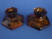 Pair of Davidson's Amber Cloud Glass Low Candlesticks c1925 (Sold)