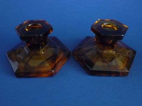 Pair of Davidson's Amber Cloud Glass Low Candlesticks c1925 (Sold)