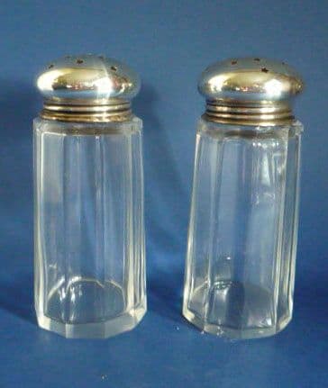 Pair of Panel Cut Glass & Silver Topped Sugar Casters (London 1923)