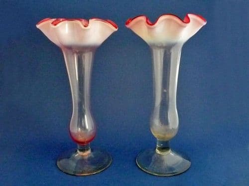 Pair of Stourbridge Cased Cranberry and Vaseline Art Nouveau Glass Vases c1900 (Sold)