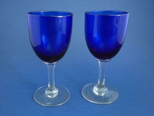 Pair of Victorian Bristol Blue Wine Glasses c1880 (Sold)