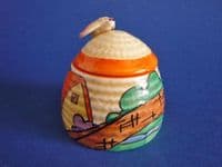 Rare Clarice Cliff Fantasque Bizarre 'Orange Roof Cottage' Small Beehive Honey Pot c1932 (Sold)