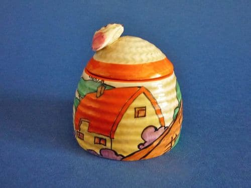 Rare Clarice Cliff Fantasque Bizarre 'Orange Roof Cottage' Small Beehive Honey Pot c1932 (Sold)