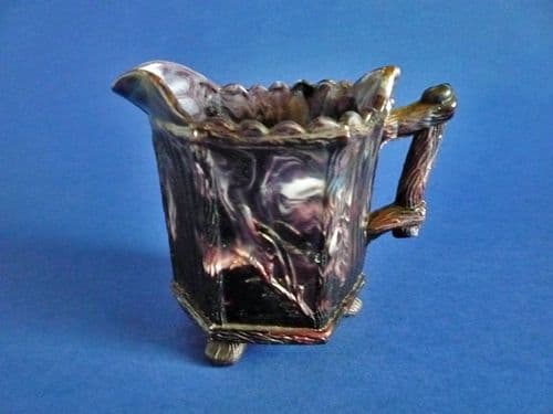 Rare Greener Purple Malachite Slag Glass 'Bird on Branch' Aesthetic Movement Jug c1880