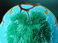 Rare Marked Joseph Holdcroft Turquoise Majolica 'Grape Leaf & Vine' Plate c1870 #1