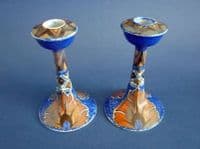Rare Pair of Clews 'Persian Flower' Chameleon Ware Candlesticks c1930