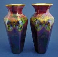 Rare Pair of Shelley 'Rich Butterfly' Lustre Ware Hexagonal Vases by Walter Slater c1920