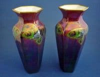 Rare Pair of Shelley 'Rich Butterfly' Lustre Ware Hexagonal Vases by Walter Slater c1920