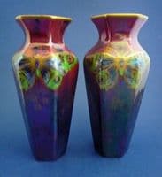 Rare Pair of Shelley 'Rich Butterfly' Lustre Ware Hexagonal Vases by Walter Slater c1920