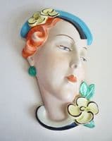Rare Royal Dux Czechoslovakia 'Lady with Blue Hat and Yellow Flowers' Wall Mask c1930 (Sold)