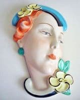 Rare Royal Dux Czechoslovakia 'Lady with Blue Hat and Yellow Flowers' Wall Mask c1930 (Sold)