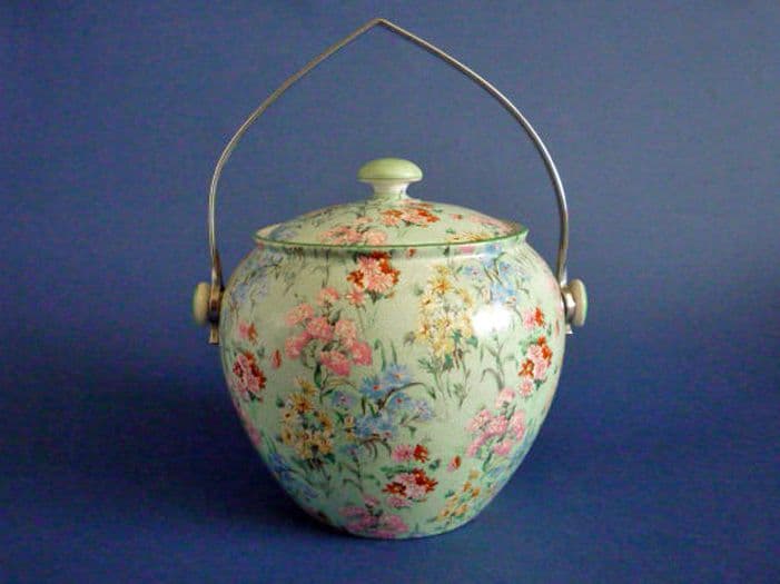 Rare Shelley Melody Chintz Pottery Biscuit Barrel with Chrome Handle