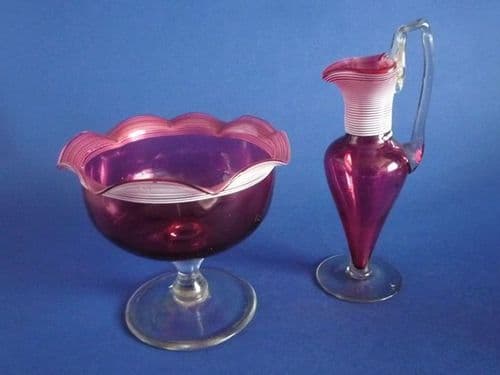 Rare Stevens and Williams Threaded Cranberry Glass Jug and Pedestal Bowl c1890