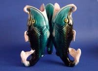 Rare Victorian Staffordshire Majolica Triple Fish Vase c1880