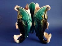 Rare Victorian Staffordshire Majolica Triple Fish Vase c1880