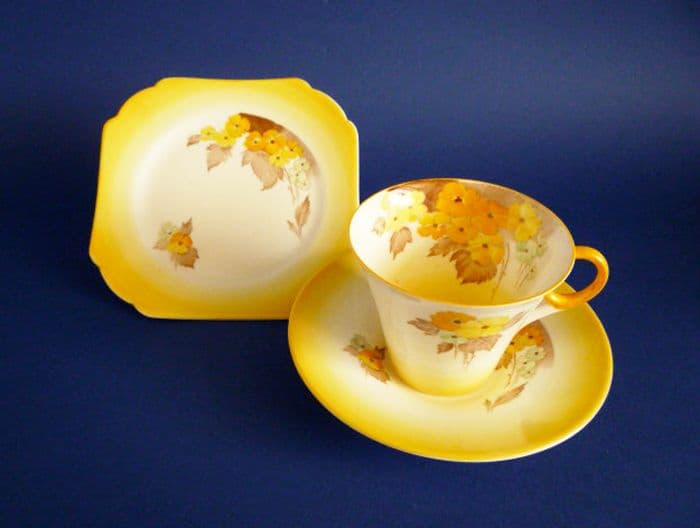 Shelley Yellow Phlox Regent Shape Bone China Trio c1933