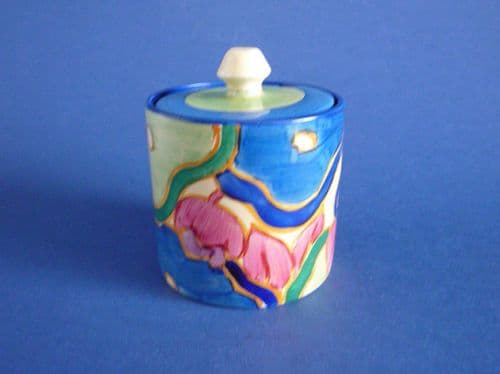 Stunning Clarice Cliff Bizarre 'Blue Chintz' Drum Preserve Pot c1932