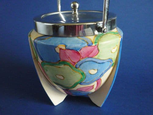 Superb Clarice Cliff Bizarre 'Blue Chintz' 478 Finned Biscuit Barrel c1932