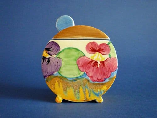Superb Clarice Cliff Bizarre 'Delecia Pansies' Bon Jour Preserve Pot c1933 (Sold)