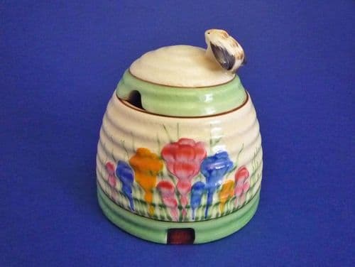 Superb Clarice Cliff Newport Pottery 'Spring Crocus' Beehive Honey Pot c1936 (Sold)